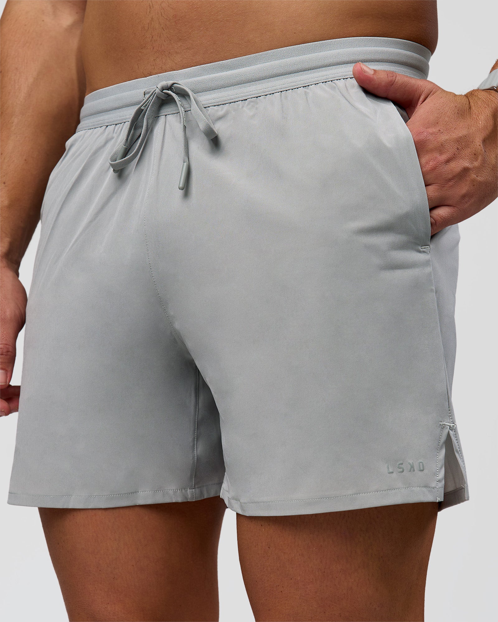 Man wearing Pace 5" Lined Running Short - Alloy | Model:Jaiden | Size:L