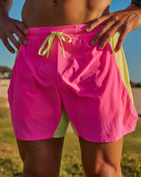 Man wearing UltraAir 5" Lined Performance Short - Sugar Plum-Lime Glo | Model:Jaiden | Size:L | Thumbnail Index: 14