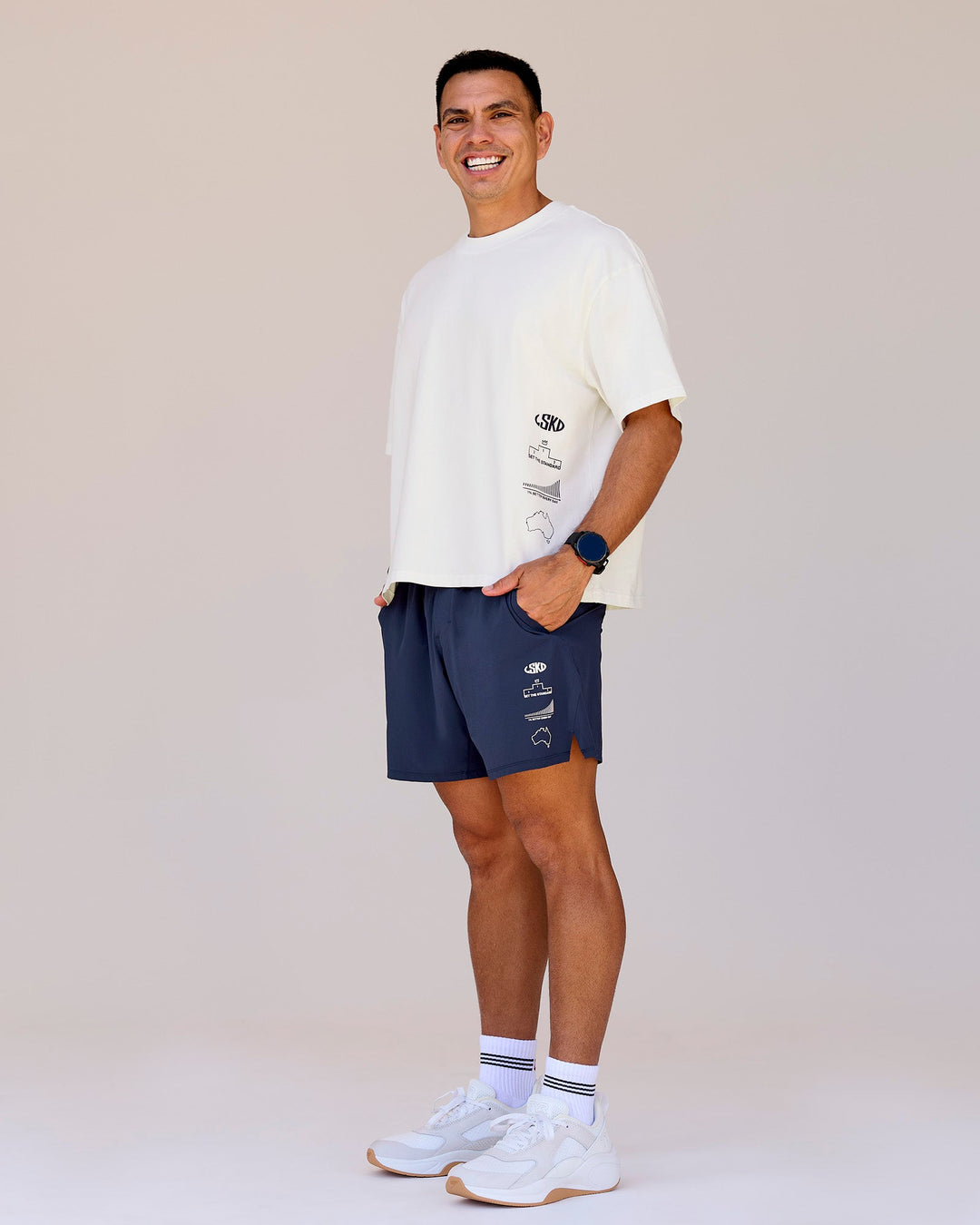 Man wearing Greatest of All Time Functional Training 7" Short - Future Navy-White | Model:Shane | Size:L - view 5