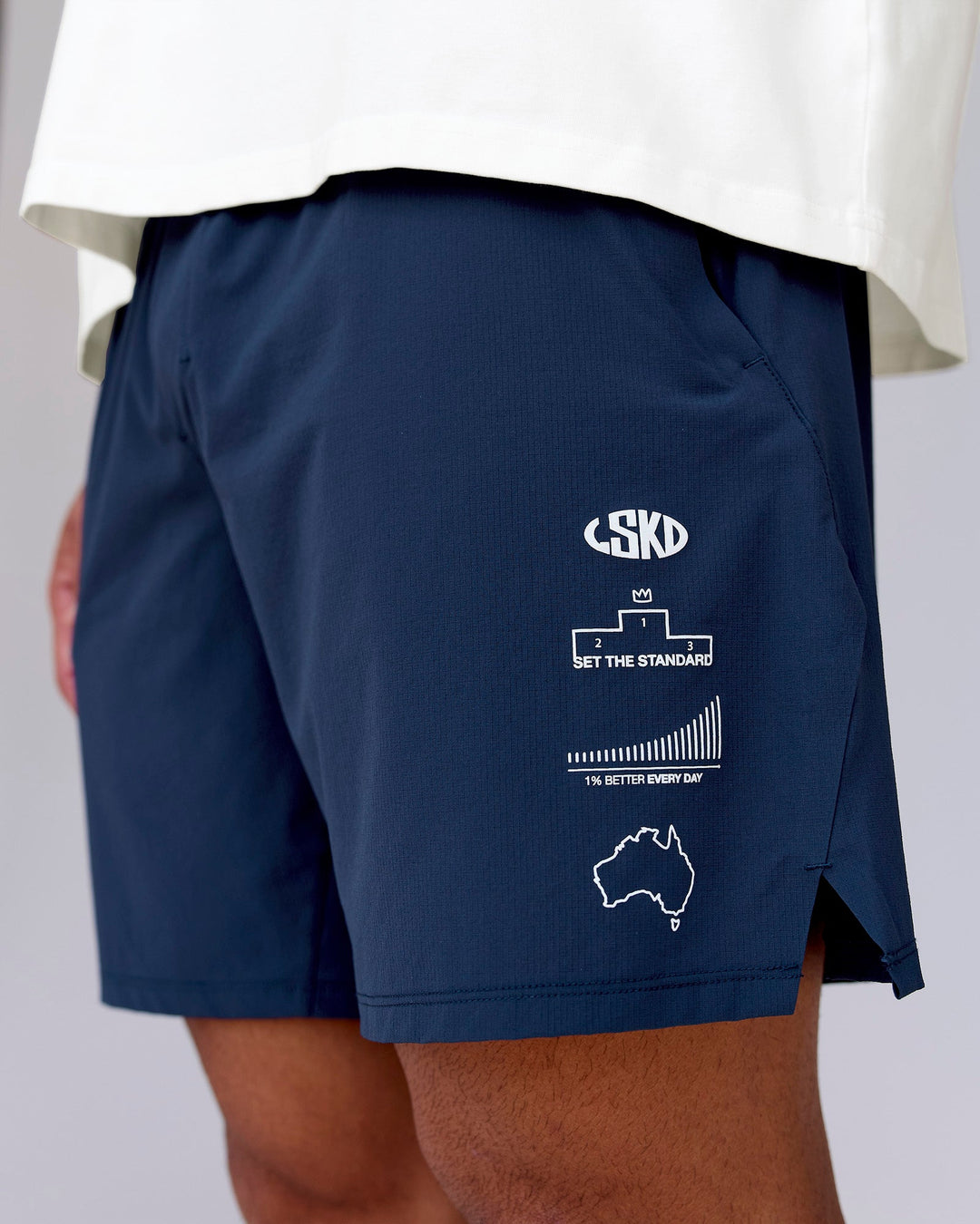 Man wearing Greatest of All Time Functional Training 7" Short - Future Navy-White | Model:Shane | Size:L - view 1