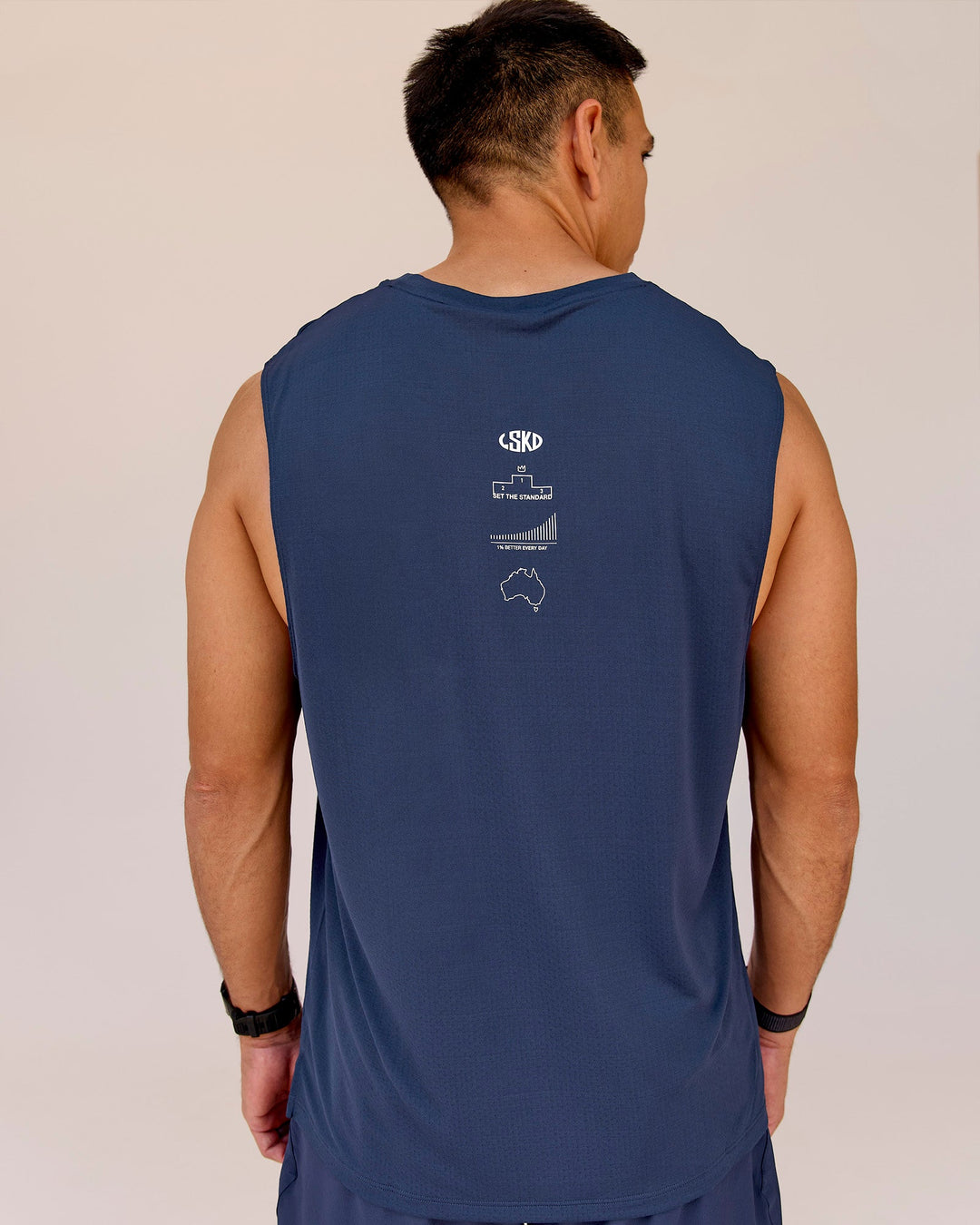 Man wearing Greatest of All Time Rep Muscle Training Tank - Future Navy-White | Model:Shane | Size:L - view 2