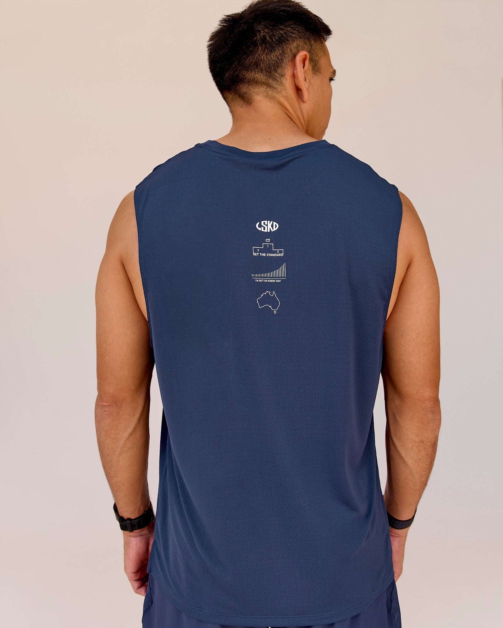 Man wearing Greatest of All Time Rep Muscle Training Tank - Future Navy-White | Model:Shane | Size:L