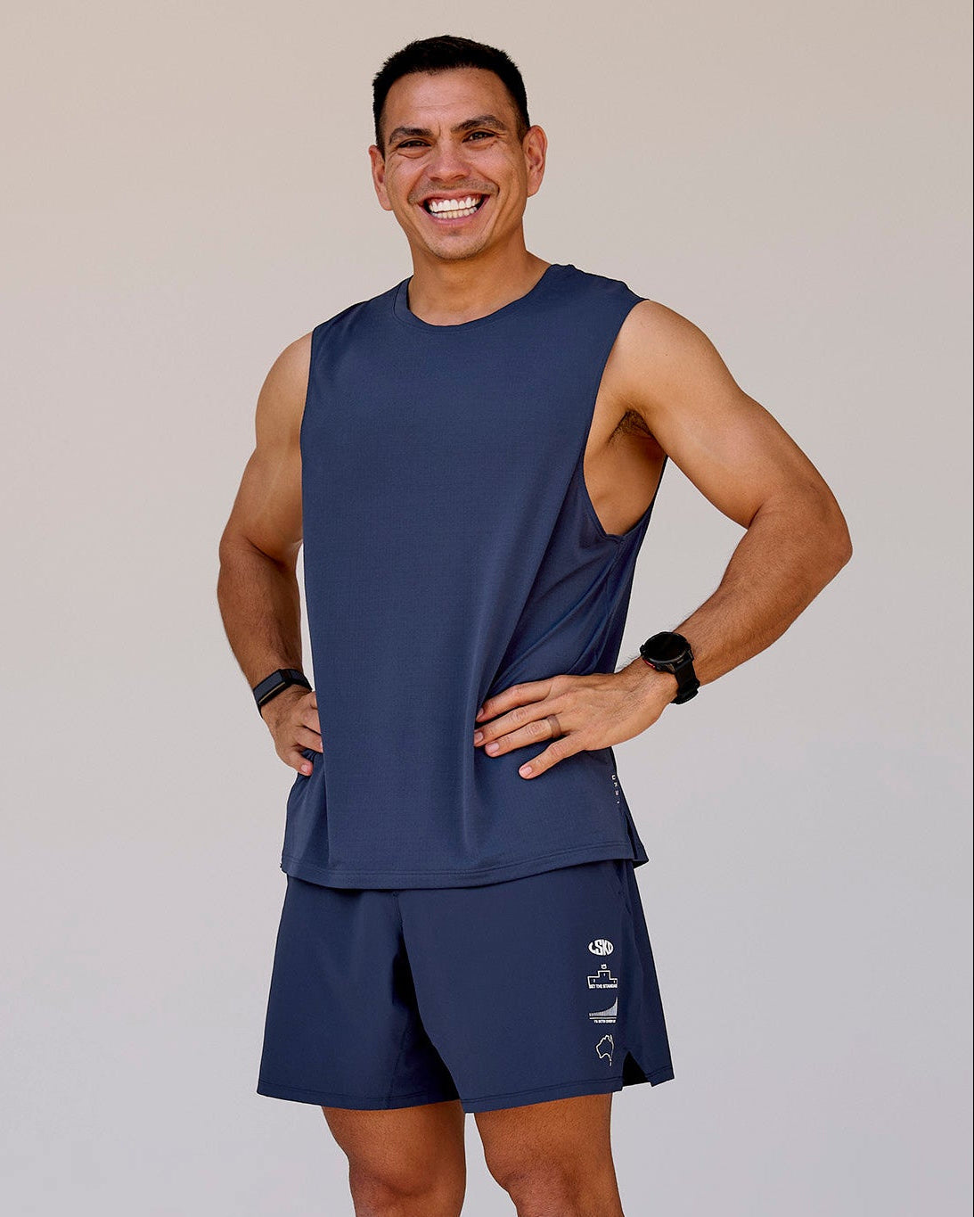 Man wearing Greatest of All Time Rep Muscle Training Tank - Future Navy-White | Model:Shane | Size:L