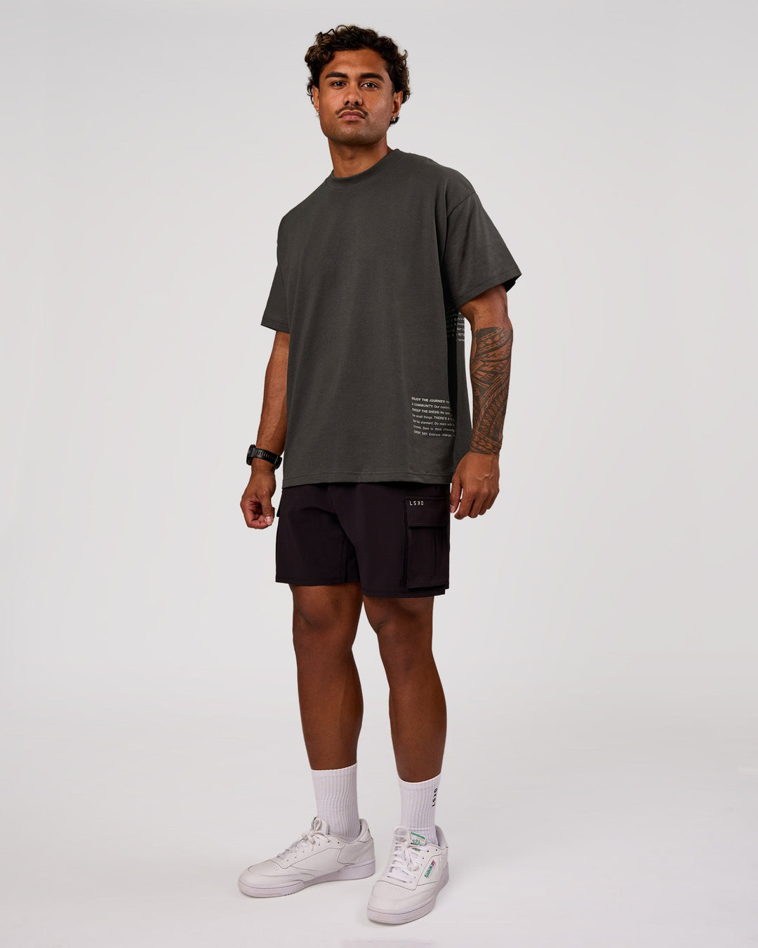 Man wearing Block Heavyweight Oversized Tee  - Onyx-Alloy | Model:Xav | Size:L - view 11
