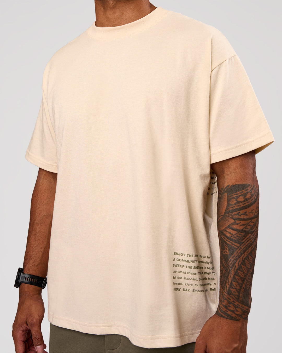Man wearing Block Heavyweight Oversized Tee  - Vanilla Bean | Model:Xav | Size:L - view 9
