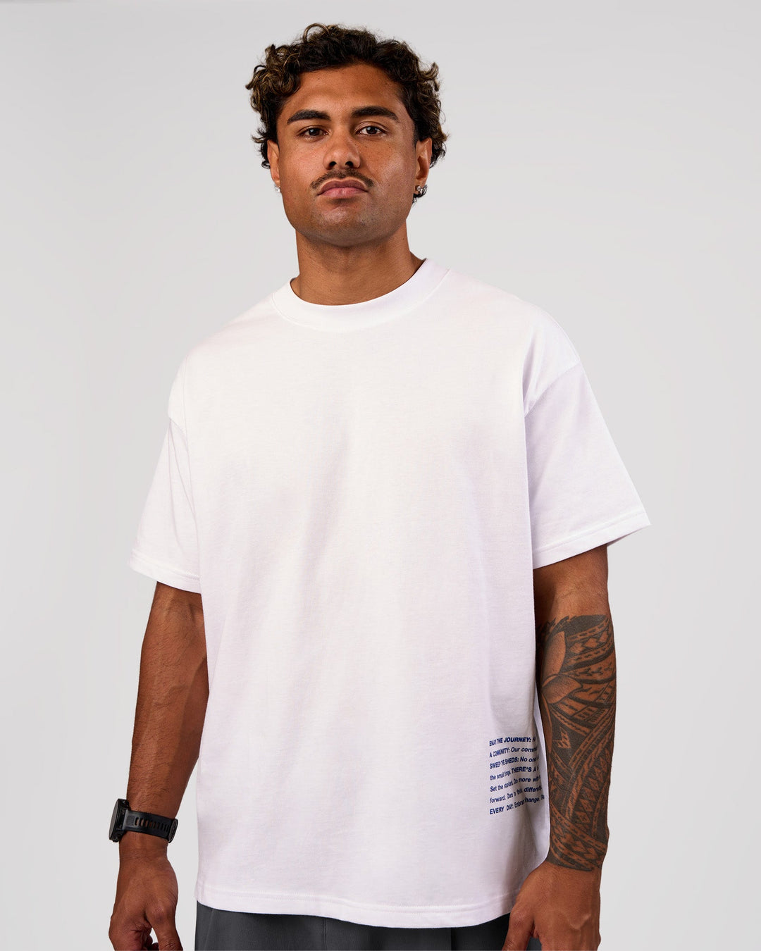 Man wearing Block Heavyweight Oversized Tee  - White-Power Cobalt | Model:Xav | Size:L - view 2