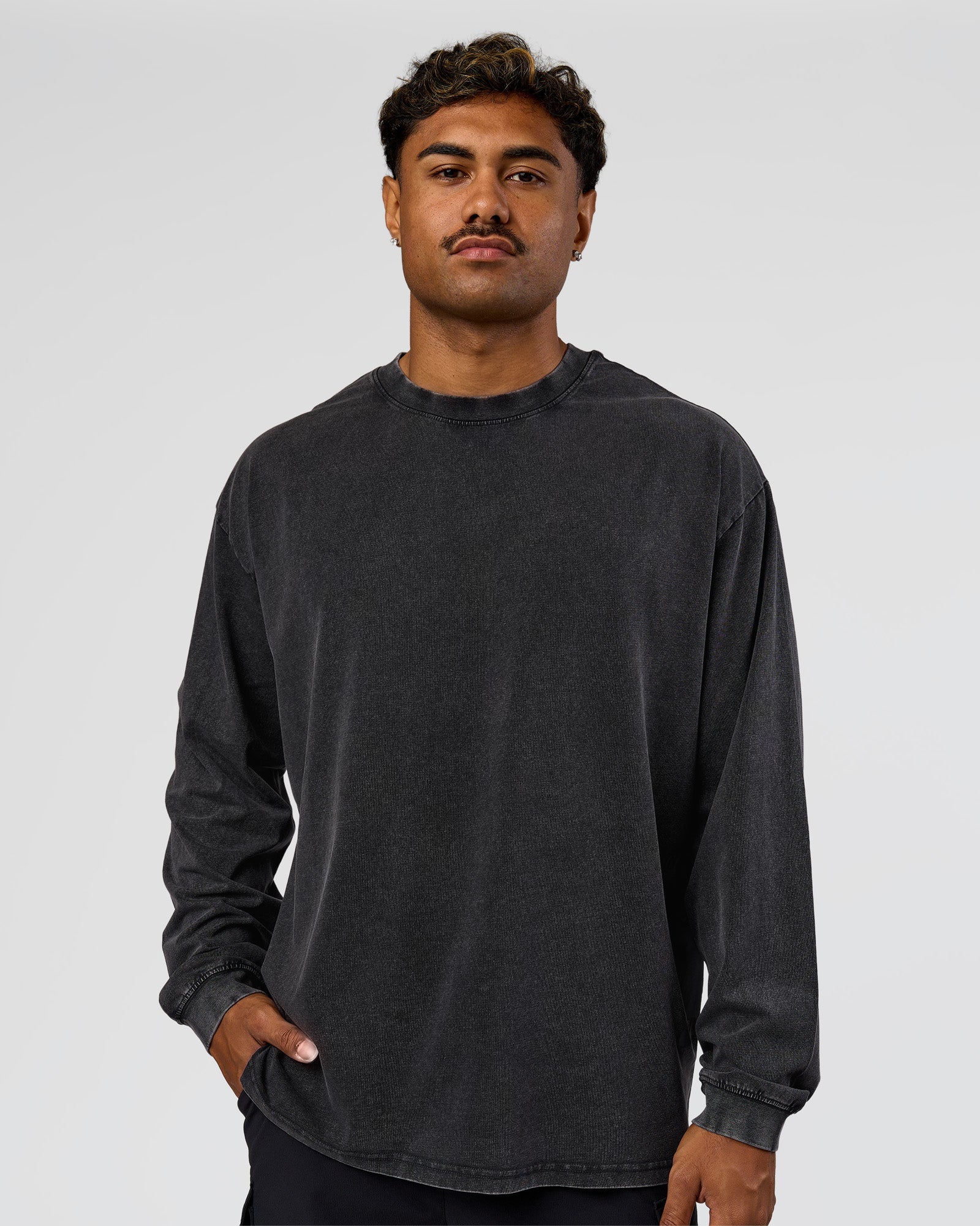Man wearing Clear Vision Heavyweight FLXCotton Oversized LS Tee - Black Washed-Black | Model:Xav | Size:L