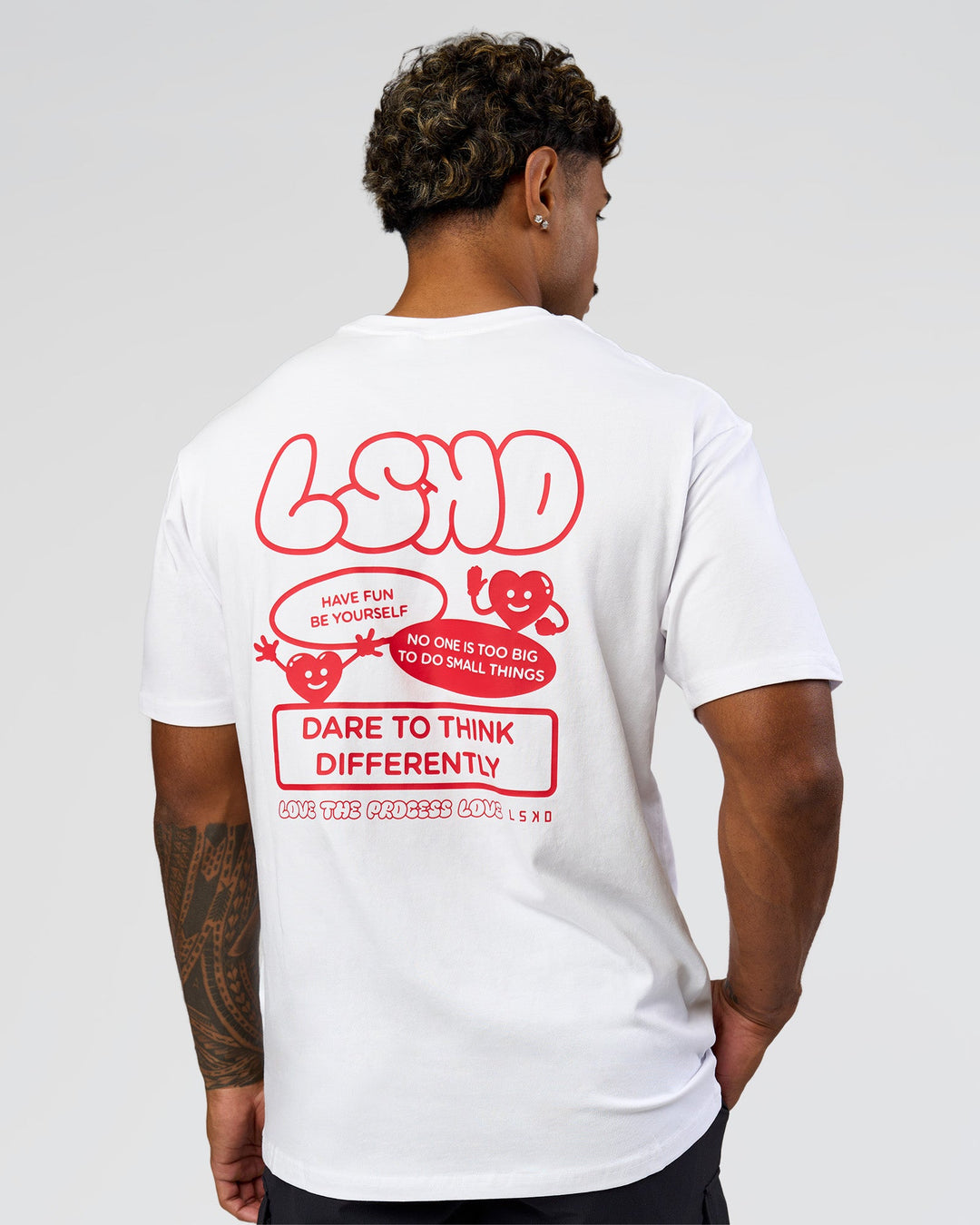 Man wearing Dare To Think FLXCotton Tee Oversize - White-Scarlet | Model:Xav | Size:L - view 3