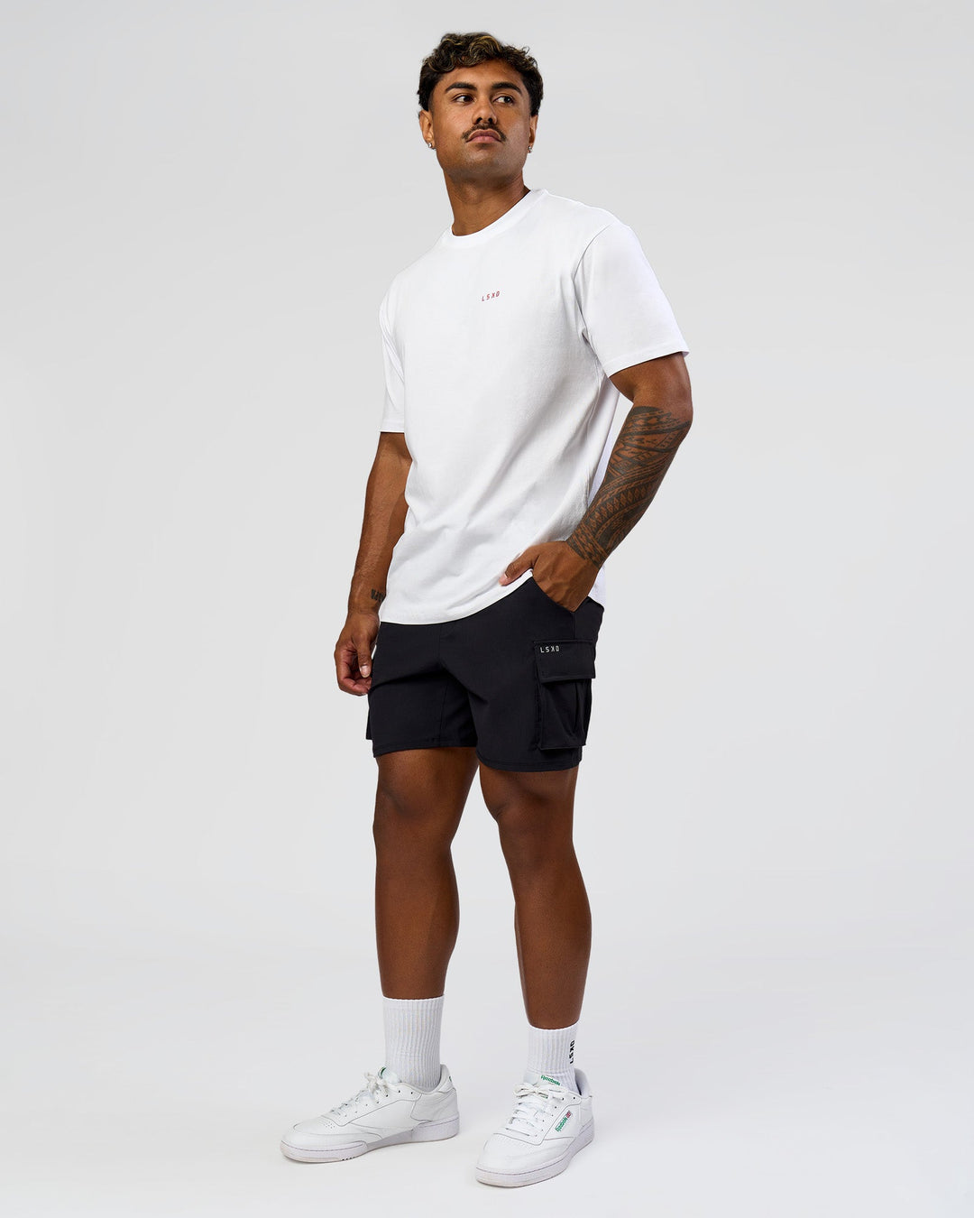 Man wearing Dare To Think FLXCotton Tee Oversize - White-Scarlet | Model:Xav | Size:L - view 10