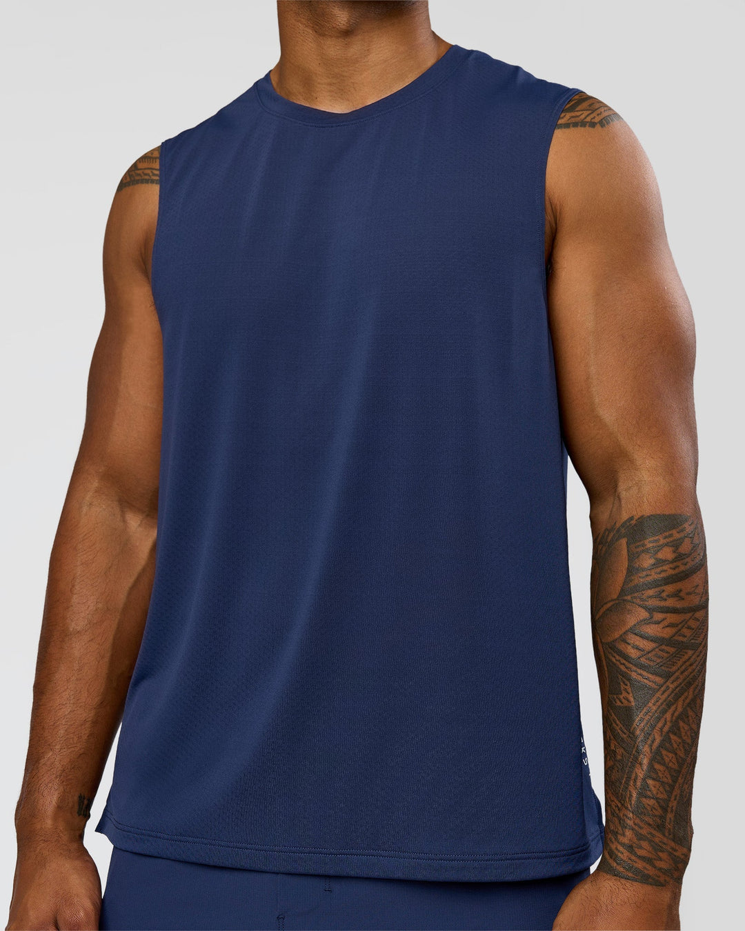 Man wearing Greatest of All Time Rep Muscle Training Tank - Future Navy-White | Model:Xav | Size:L - view 7