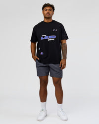 Man wearing League Heavyweight FLXCotton Oversized Tee - Black-Power Cobalt | Model:Xav | Size:L | Thumbnail Index: 7
