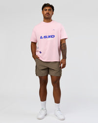 Man wearing League Heavyweight FLXCotton Oversized Tee - Marshmallow-Power Cobalt | Model:Xav | Size:L | Thumbnail Index: 3