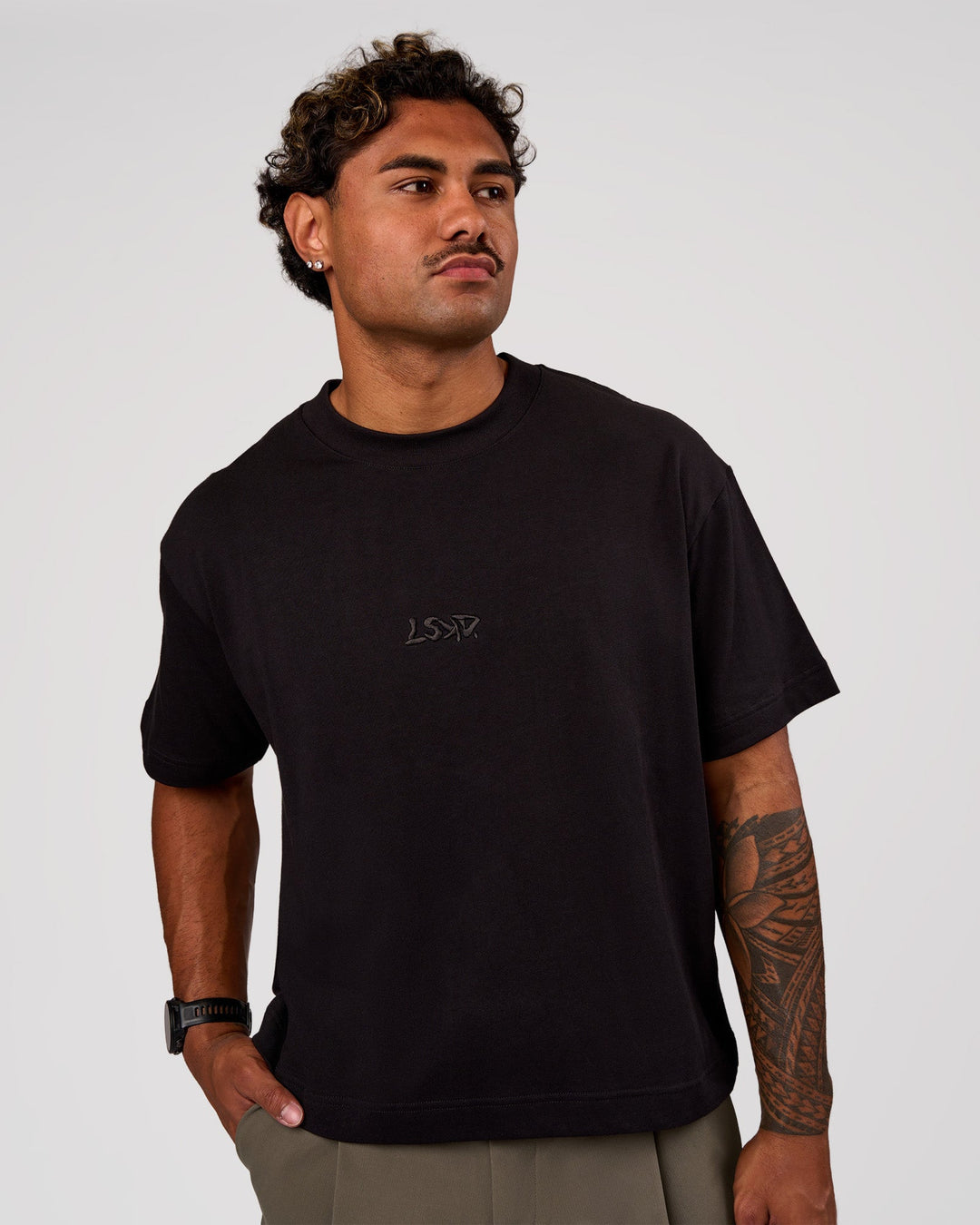 Man wearing Progression Super Heavyweight Boxed Tee - Black-Black | Model:Xav | Size:L - view 2