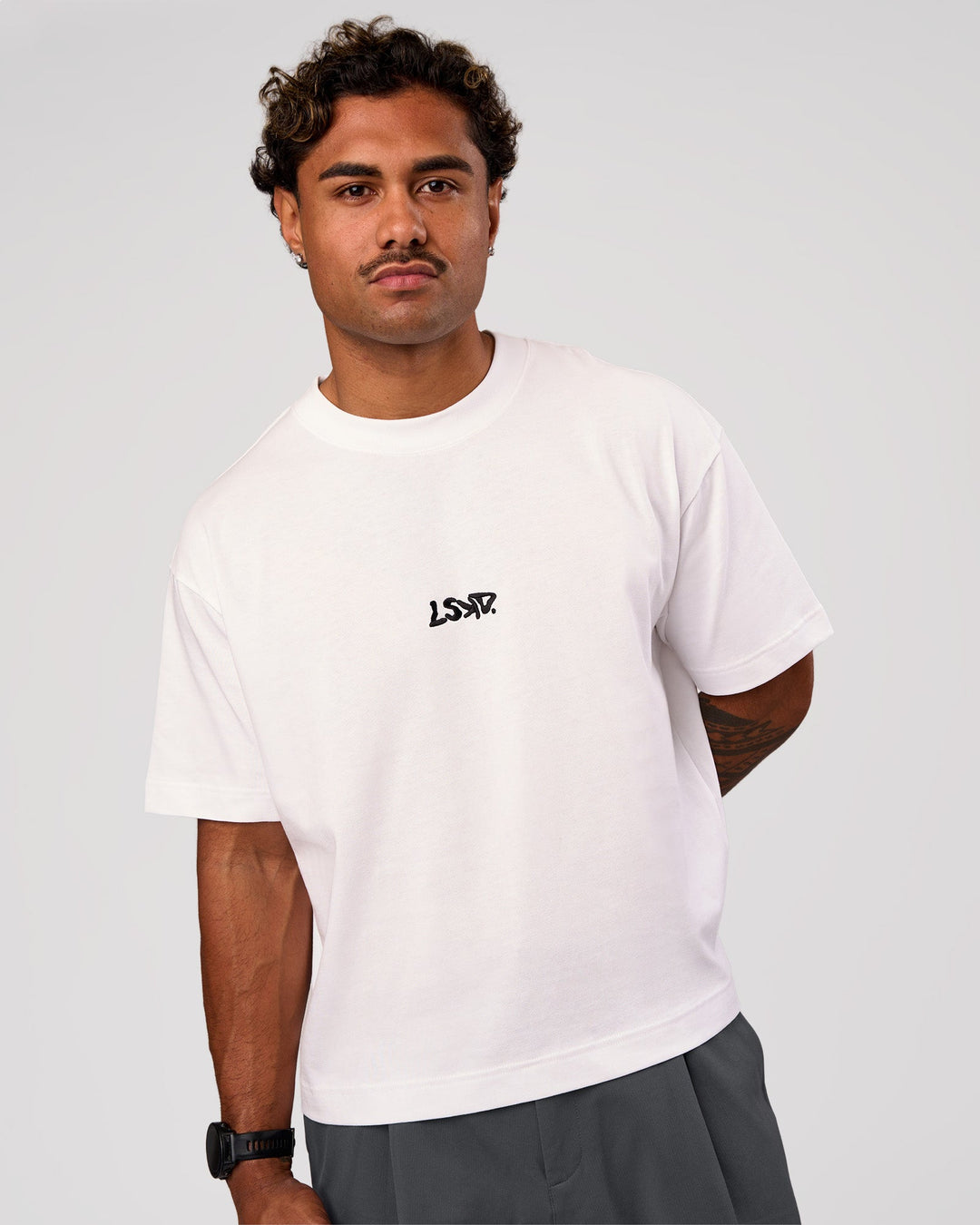 Man wearing Progression Super Heavyweight Boxed Tee - White-Black | Model:Xav | Size:L - view 2