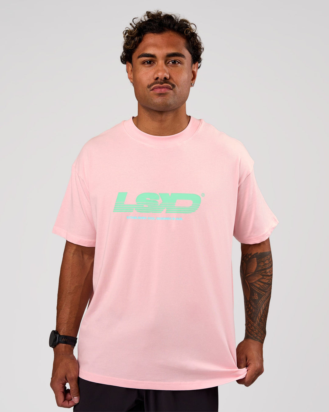 Man wearing Sideline FLXCotton Oversized Tee - Marshmallow-Jelly Mint | Model:Xav | Size:L - view 3