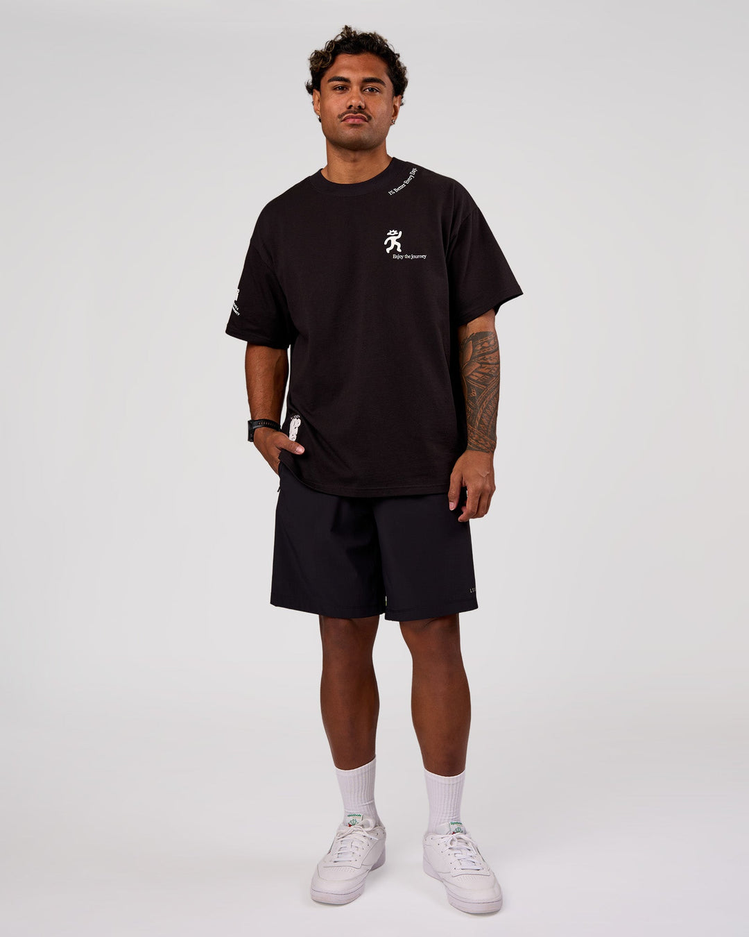 Man wearing Values Manifesto Heavyweight Oversized Tee  - Black-White | Model:Xav | Size:L - view 2