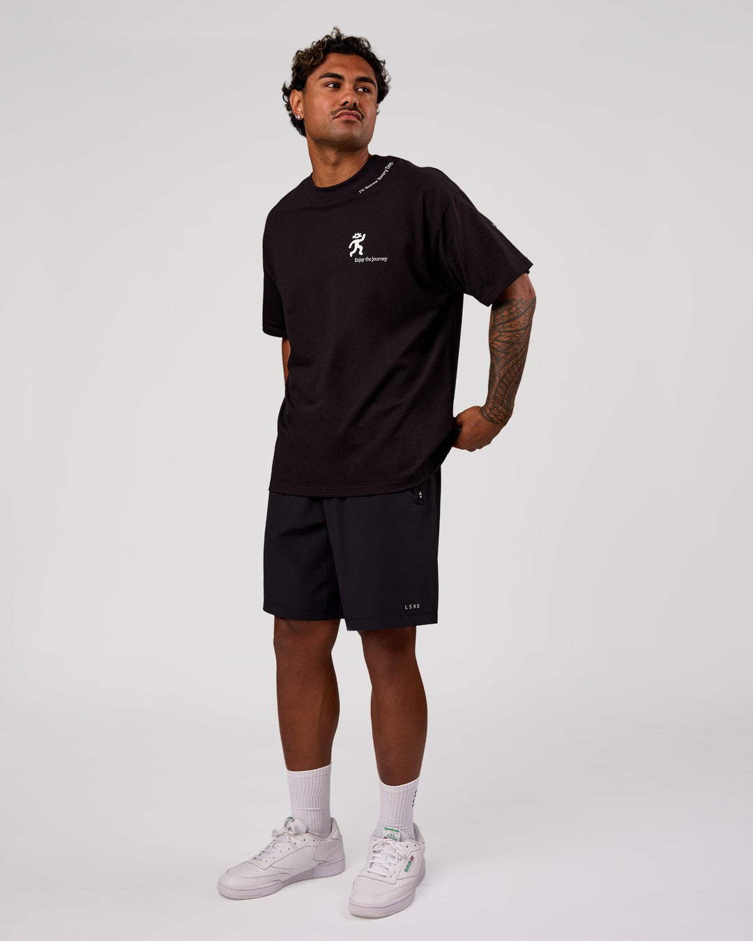 Man wearing Values Manifesto Heavyweight Oversized Tee  - Black-White | Model:Xav | Size:L - view 11