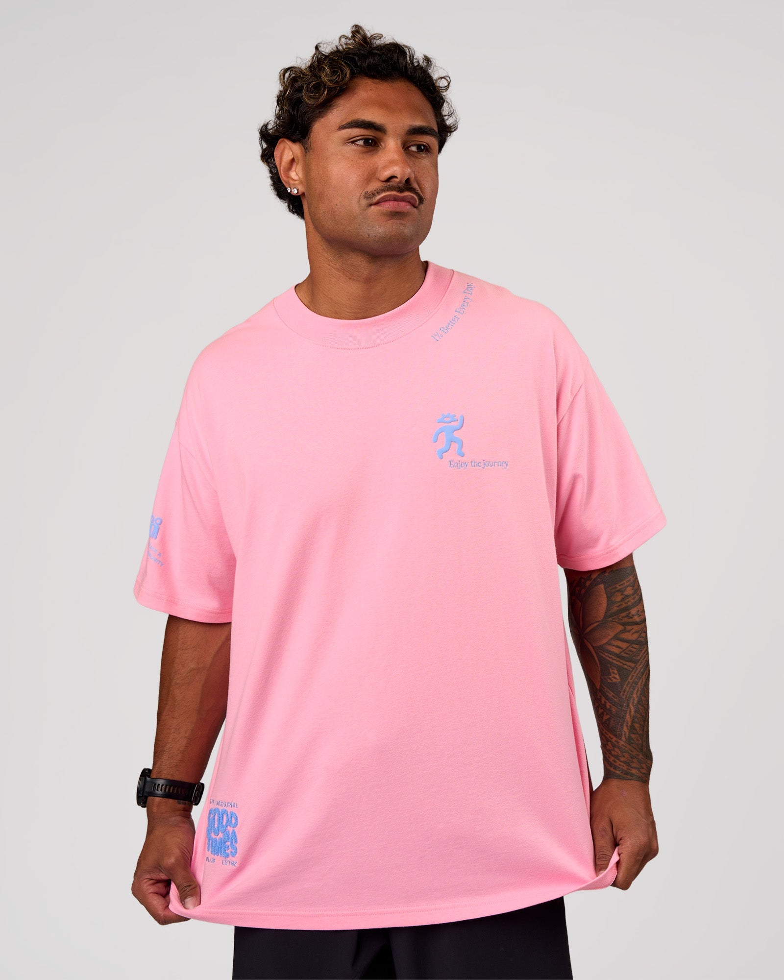 Man wearing Values Manifesto Heavyweight Oversized Tee  - Pink Rose-Open Air | Model:Xav | Size:L