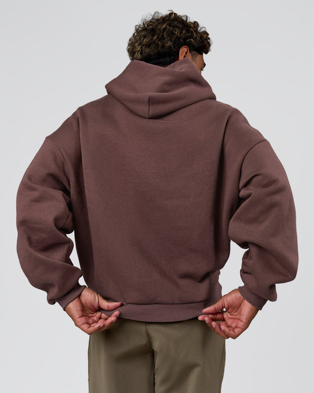 Man wearing Varsity Boxy Hoodie - Cocoa Powder-Off White | Model:Xav | Size:L - view 6