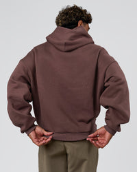 Man wearing Varsity Boxy Hoodie - Cocoa Powder-Off White | Model:Xav | Size:L | Thumbnail Index: 5