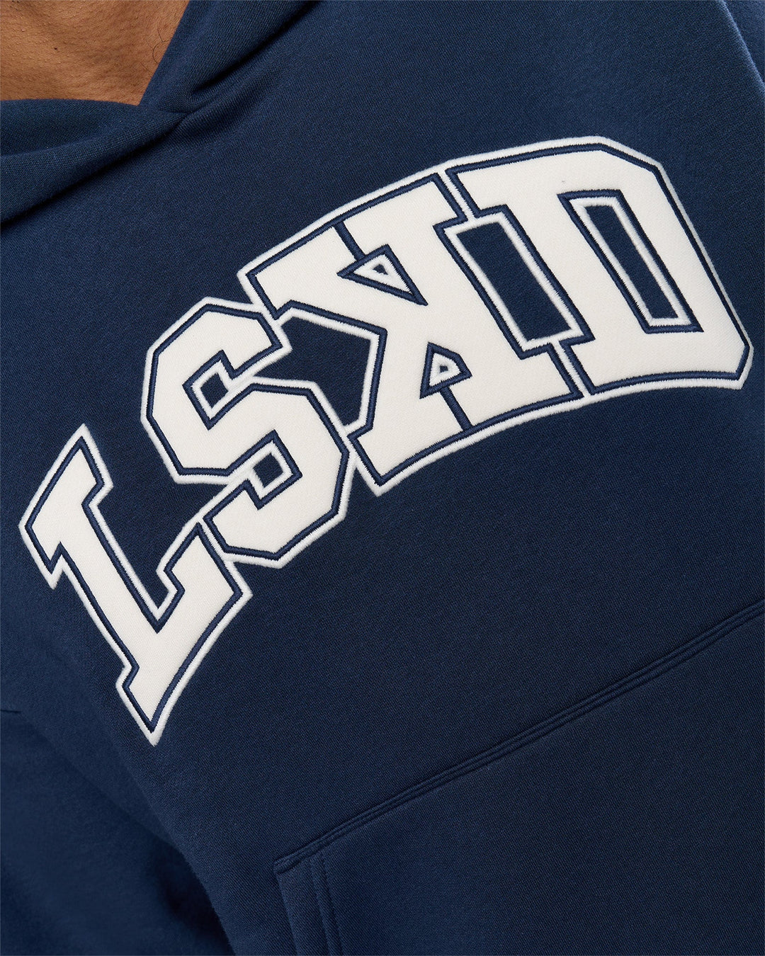 Man wearing Varsity Boxy Hoodie - Future Navy-White | Model:Xav | Size:L - view 8
