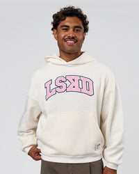 Man wearing Varsity Boxy Hoodie - Off White-Pink Rose | Model:Xav | Size:L | Thumbnail Index: 3