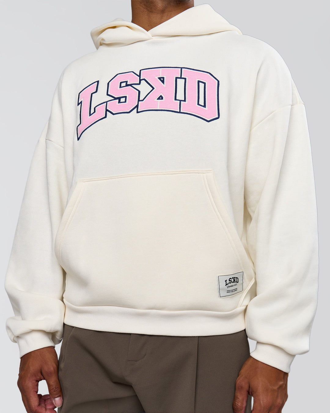 Man wearing Varsity Boxy Hoodie - Off White-Pink Rose | Model:Xav | Size:L - view 6