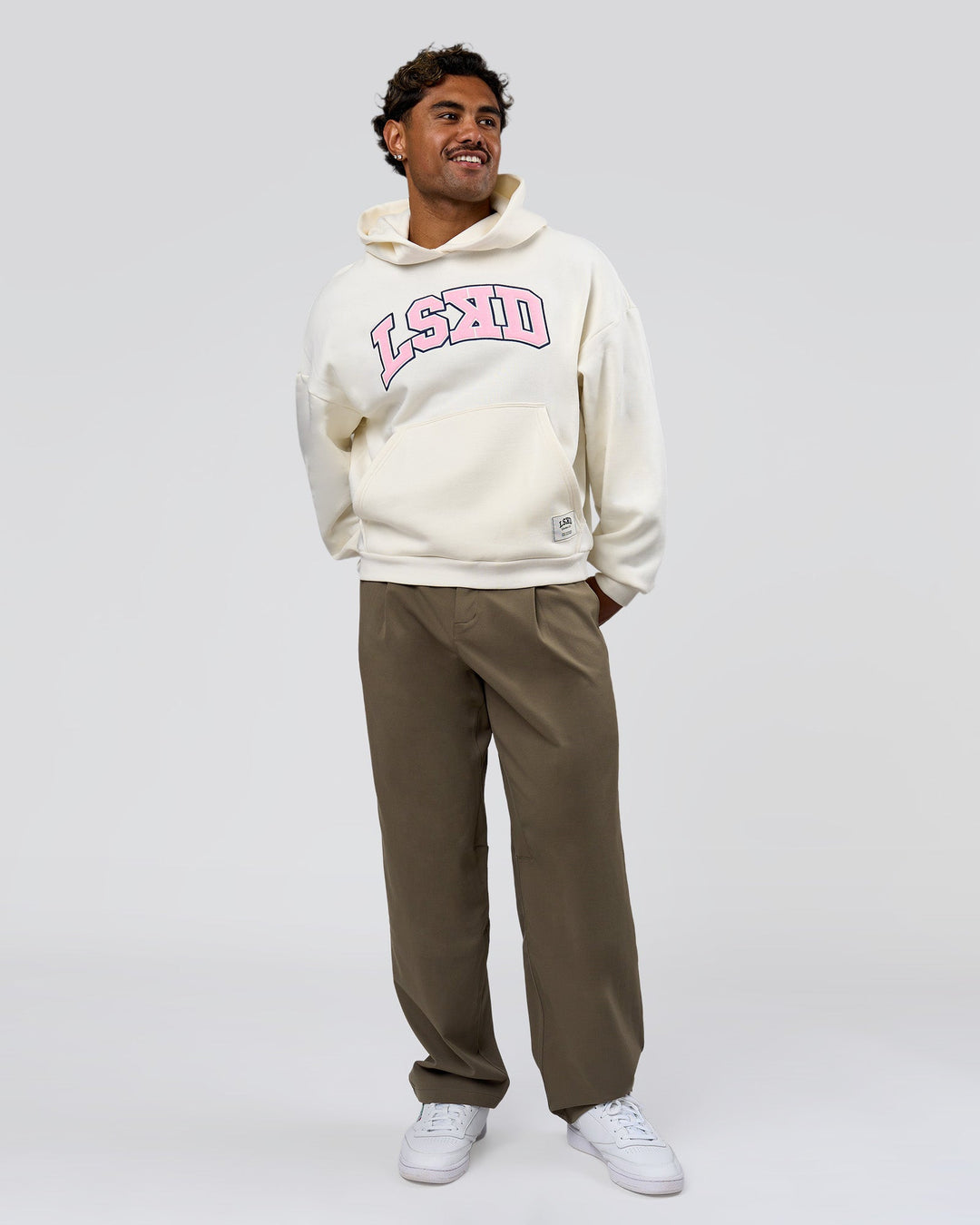 Man wearing Varsity Boxy Hoodie - Off White-Pink Rose | Model:Xav | Size:L - view 8