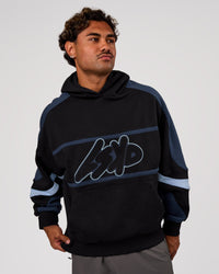 Man wearing Vibe Oversized Hoodie - Black-Future Navy | Model:Xav | Size:L | Thumbnail Index: 1