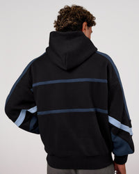 Man wearing Vibe Oversized Hoodie - Black-Future Navy | Model:Xav | Size:L | Thumbnail Index: 4