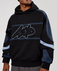 Man wearing Vibe Oversized Hoodie - Black-Future Navy | Model:Xav | Size:L | Thumbnail Index: 6