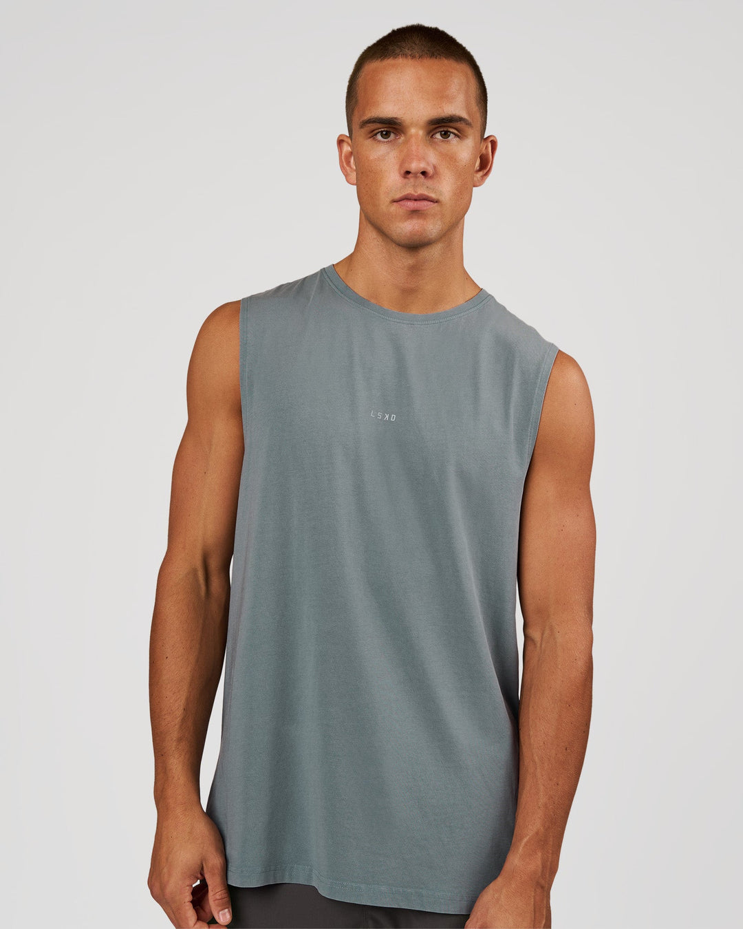 Man wearing Base FLXCotton Tank - Blue Mirage Washed | Model:Albert | Size:M - view 2