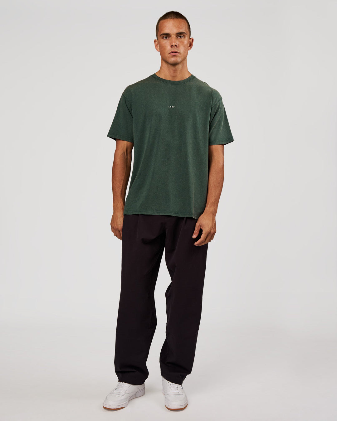 Man wearing Base FLXCotton Tee - Midnight Green Washed | Model:Albert | Size:M - view 3