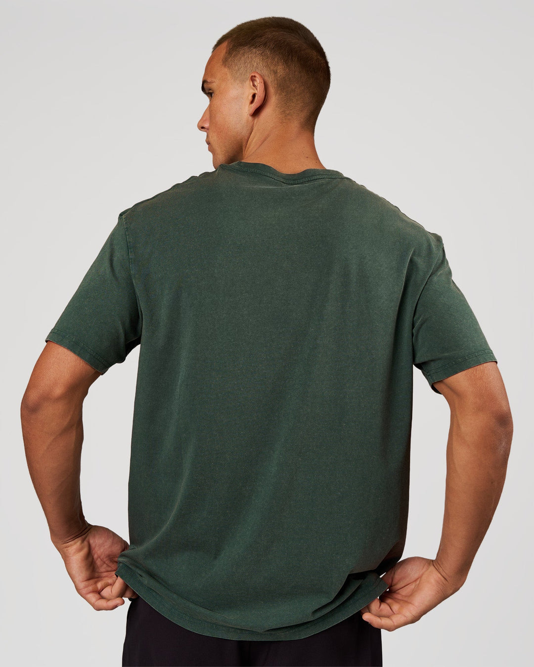 Man wearing Base FLXCotton Tee - Midnight Green Washed | Model:Albert | Size:M - view 5