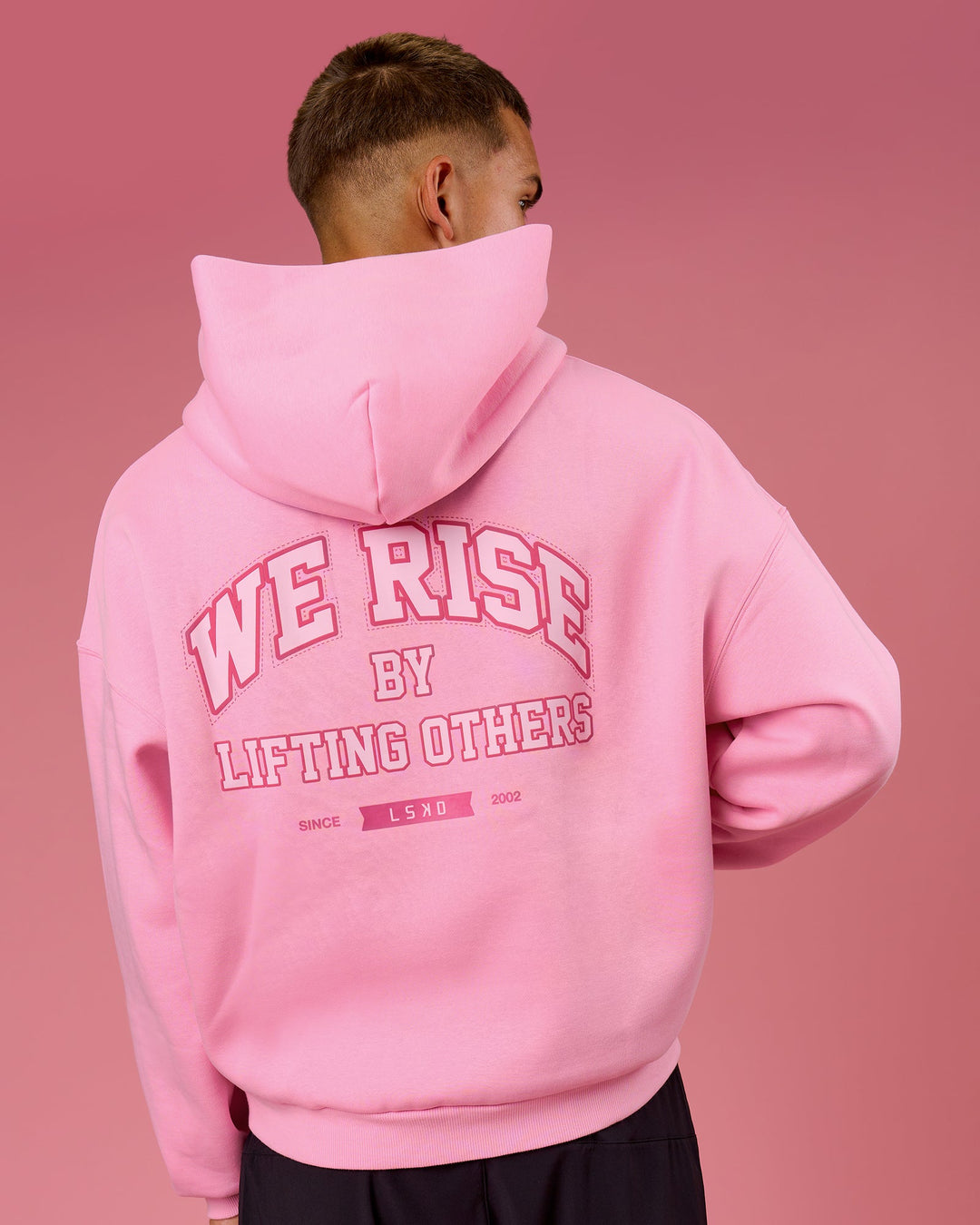 Man wearing BCAM Heavyweight Boxy Hoodie - Pink Rose | Model:Albert | Size:M - view 2