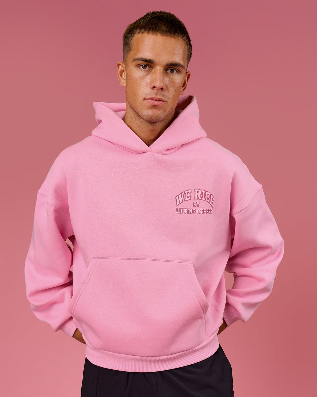Man wearing BCAM Heavyweight Boxy Hoodie - Pink Rose | Model:Albert | Size:M - view 6