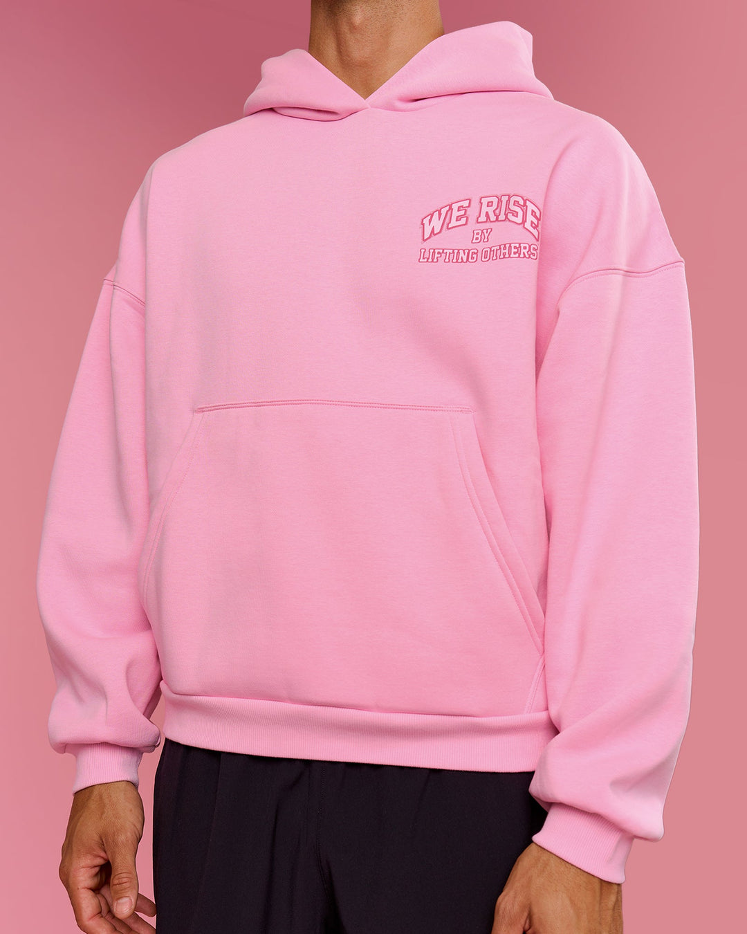 Man wearing BCAM Heavyweight Boxy Hoodie - Pink Rose | Model:Albert | Size:M - view 9