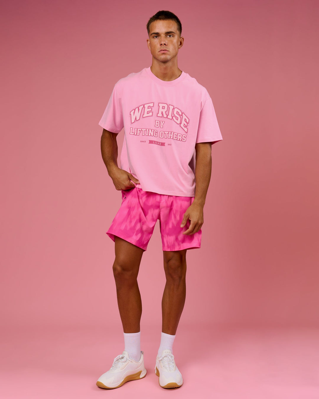 Man wearing BCAM Heavyweight FLXCotton Graphic Boxed Tee - Pink Rose | Model:Albert | Size:M - view 12