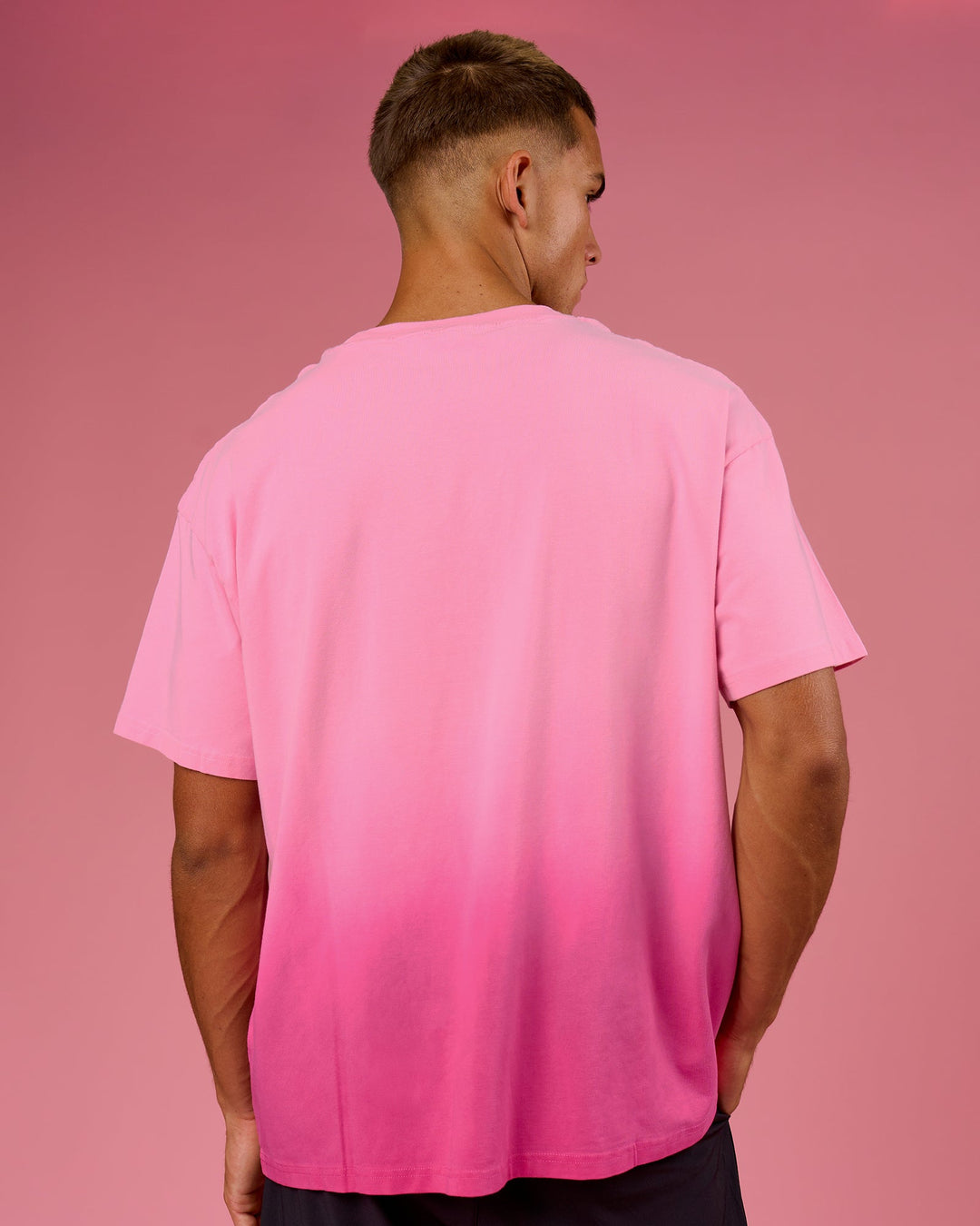 Man wearing BCAM Ombre Heavyweight FLXCotton Oversized Tee  - Pink Rose-Ultra Pink | Model:Albert | Size:M - view 5