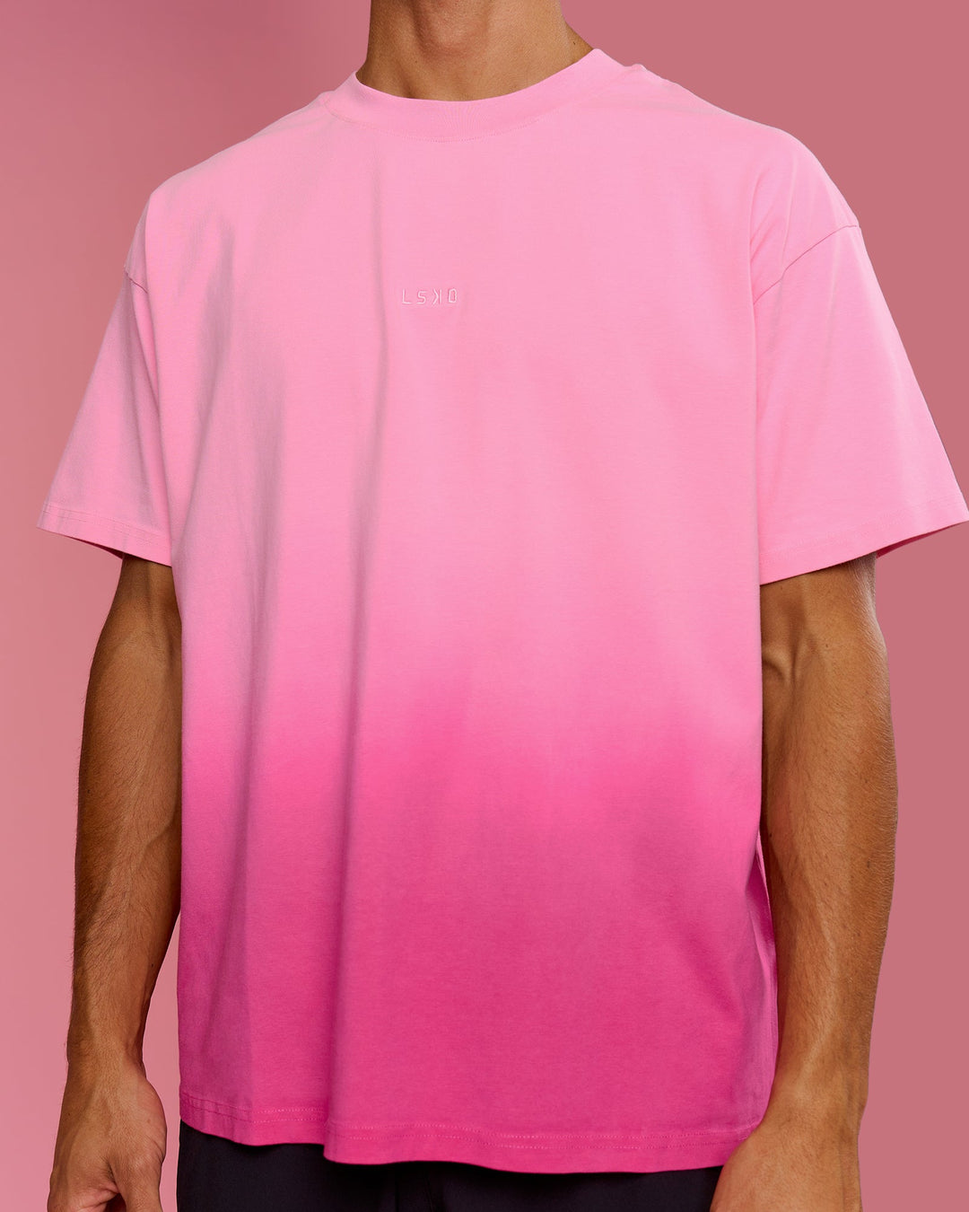 Man wearing BCAM Ombre Heavyweight FLXCotton Oversized Tee  - Pink Rose-Ultra Pink | Model:Albert | Size:M - view 8