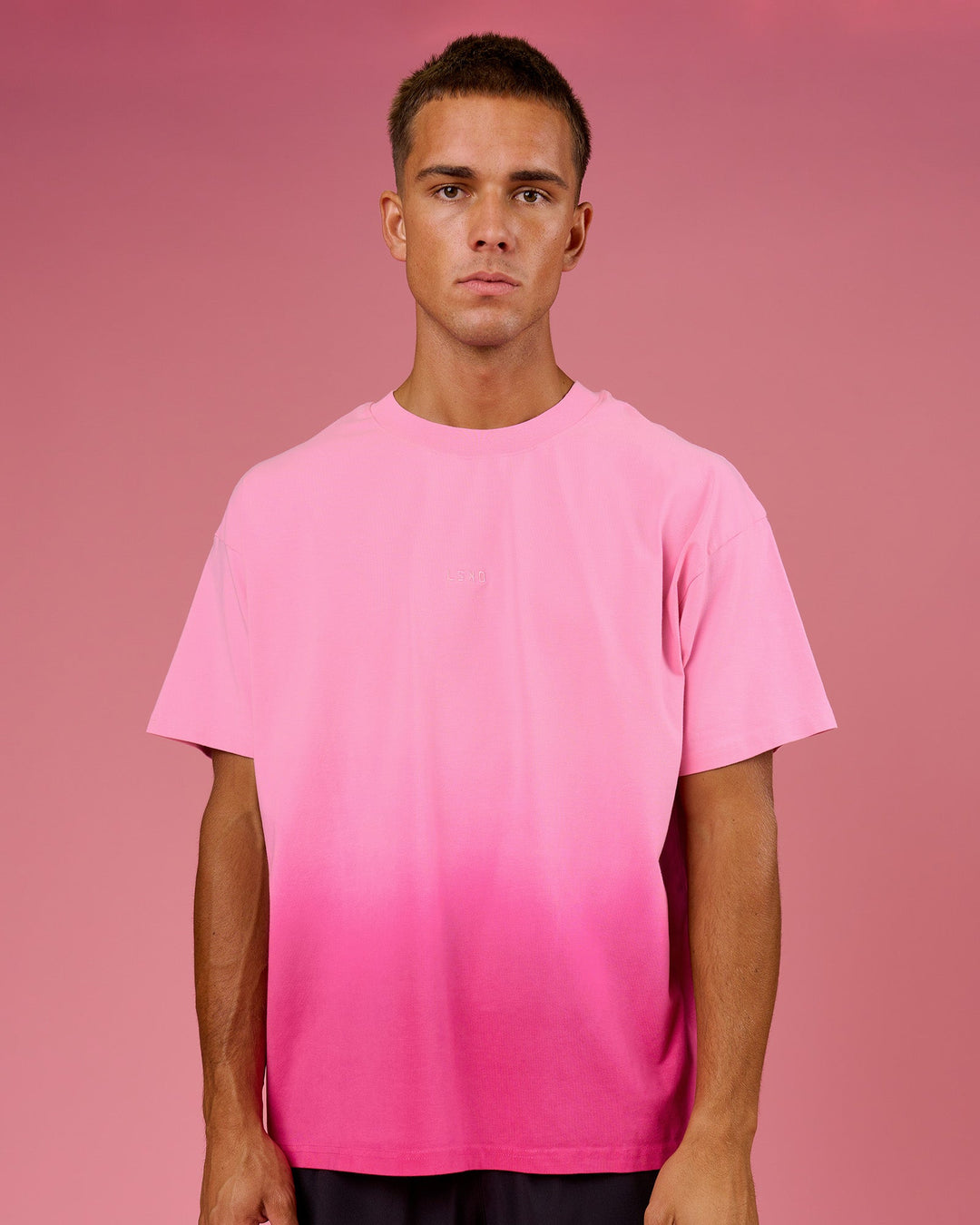 Man wearing BCAM Ombre Heavyweight FLXCotton Oversized Tee  - Pink Rose-Ultra Pink | Model:Albert | Size:M - view 11