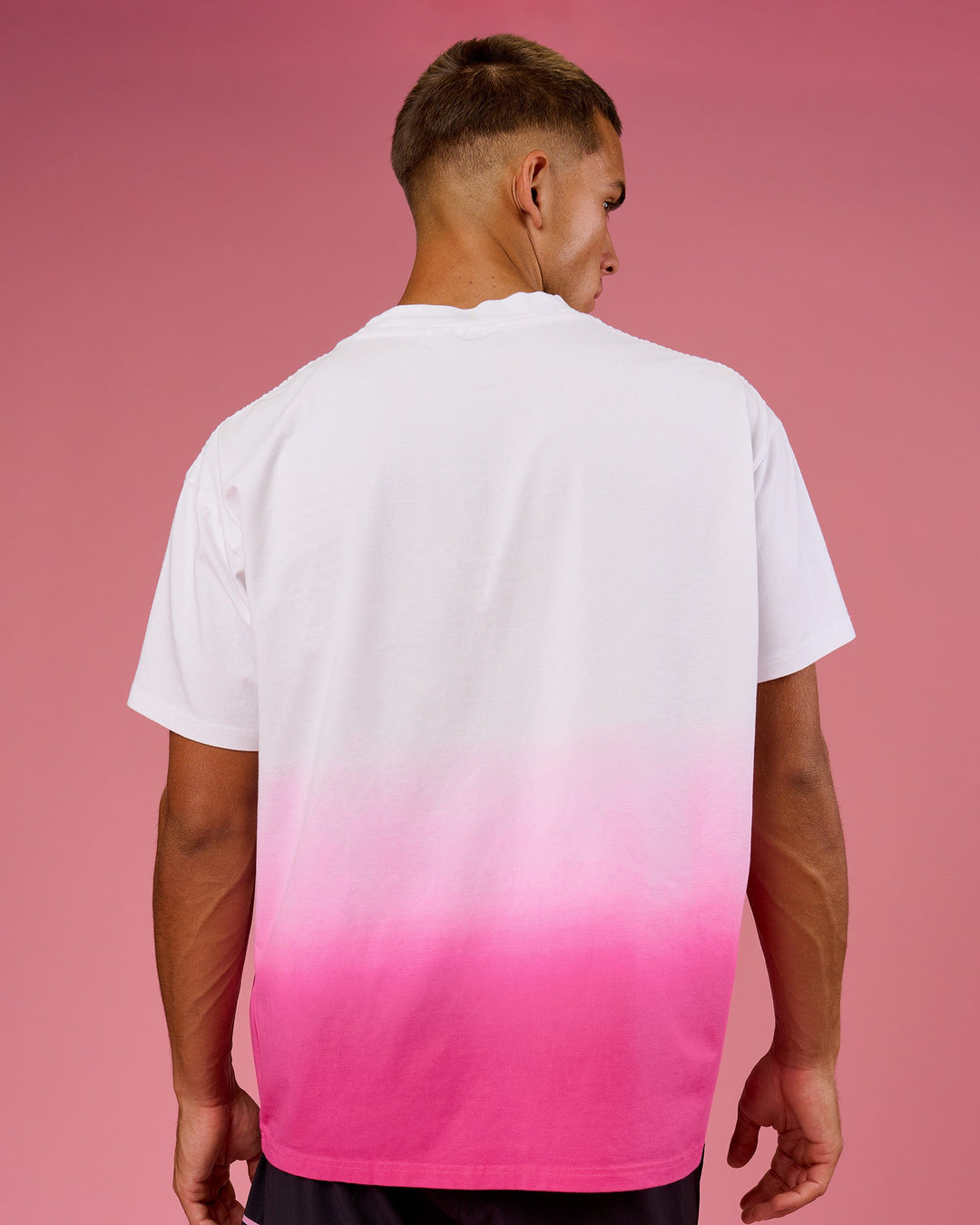 Man wearing BCAM Ombre Heavyweight FLXCotton Oversized Tee  - White-Ultra Pink | Model:Albert | Size:M - view 4