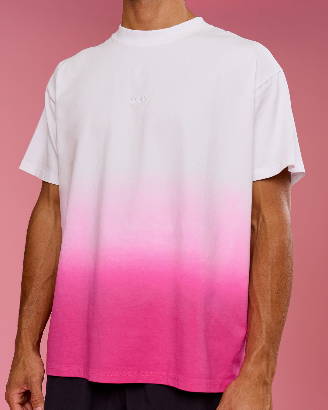 Man wearing BCAM Ombre Heavyweight FLXCotton Oversized Tee  - White-Ultra Pink | Model:Albert | Size:M - view 8