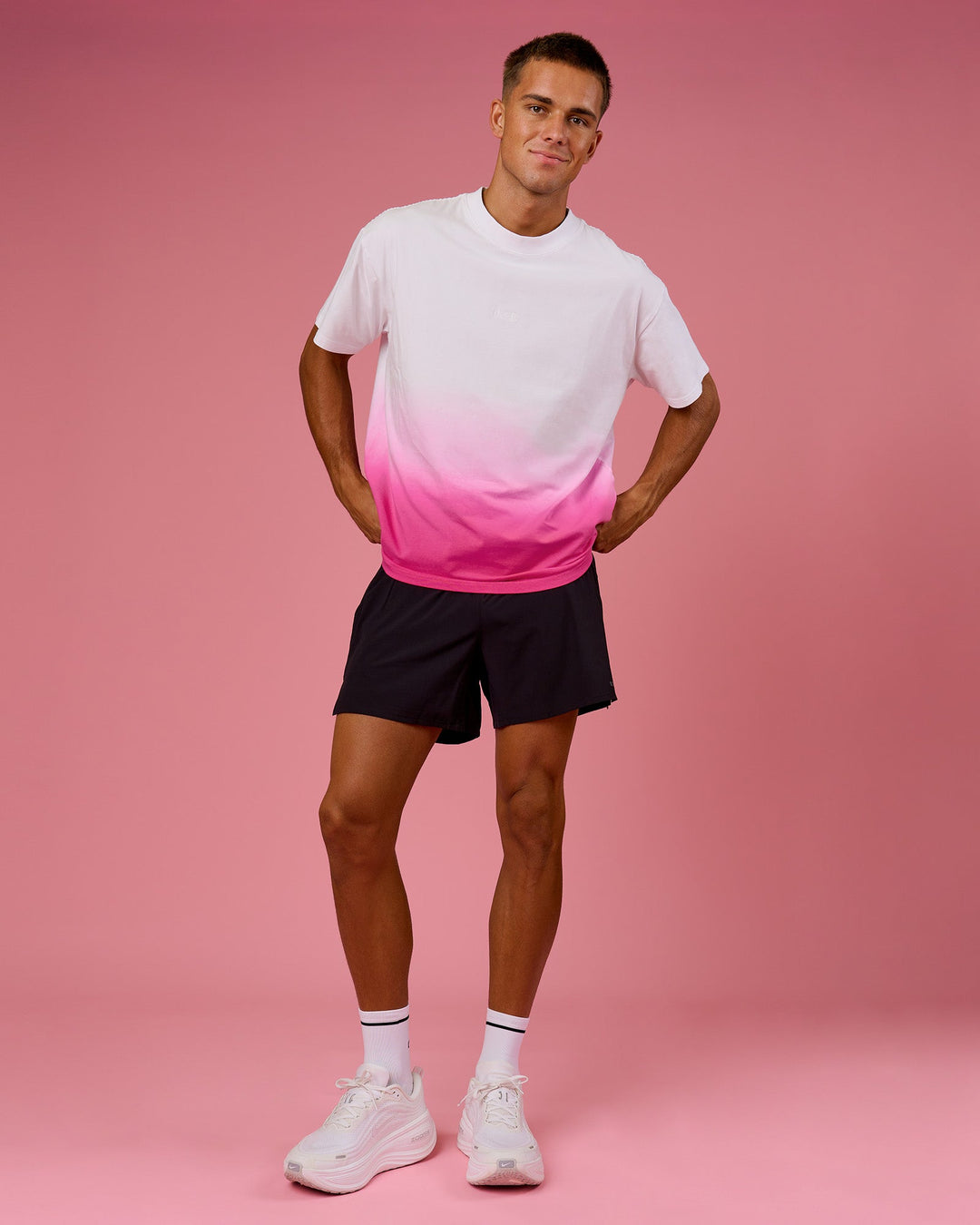 Man wearing BCAM Ombre Heavyweight FLXCotton Oversized Tee  - White-Ultra Pink | Model:Albert | Size:M - view 10
