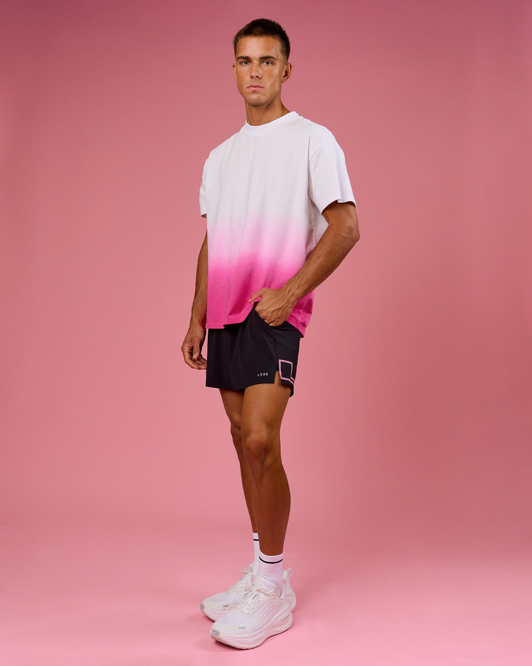 Man wearing BCAM Ombre Heavyweight FLXCotton Oversized Tee  - White-Ultra Pink | Model:Albert | Size:M - view 12