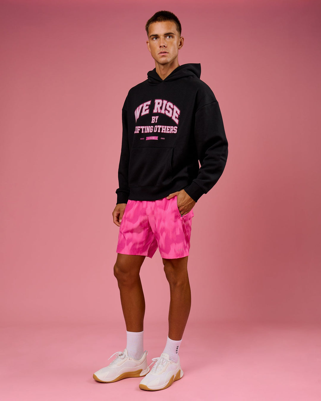 Man wearing BCAM Unisex Oversized Hoodie - Black | Model:Albert | Size:M - view 12