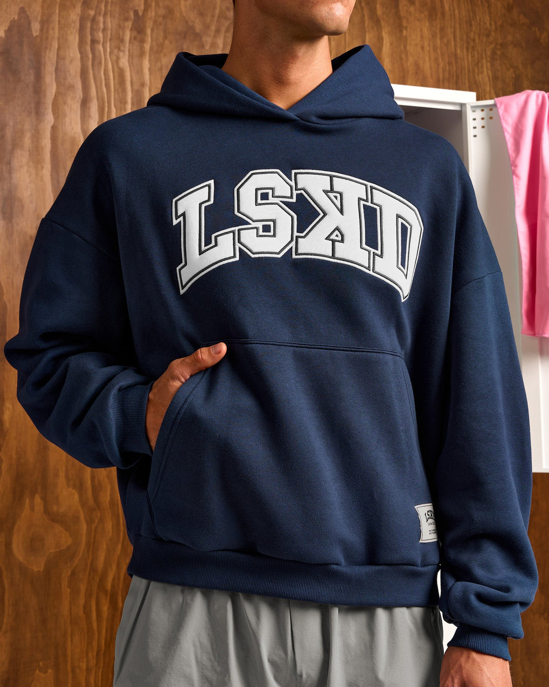 Man wearing Varsity Boxy Hoodie - Future Navy-White | Model:Albert | Size:M - view 5