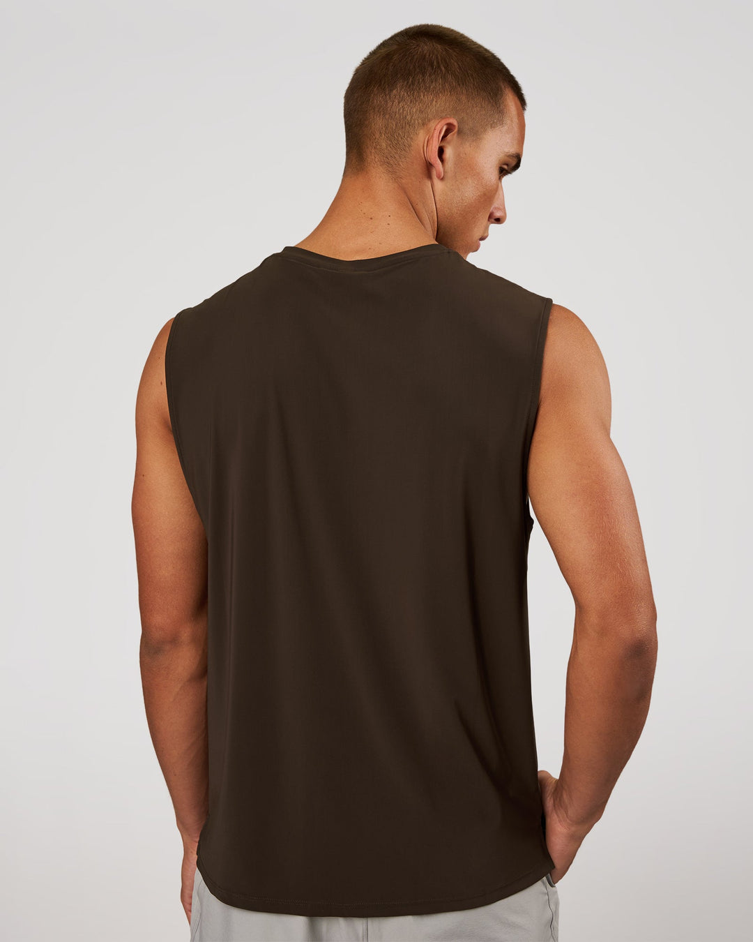 Man wearing Cadence MicroMotion Muscle Tank - Ground Coffee | Model:Albert | Size:M - view 3