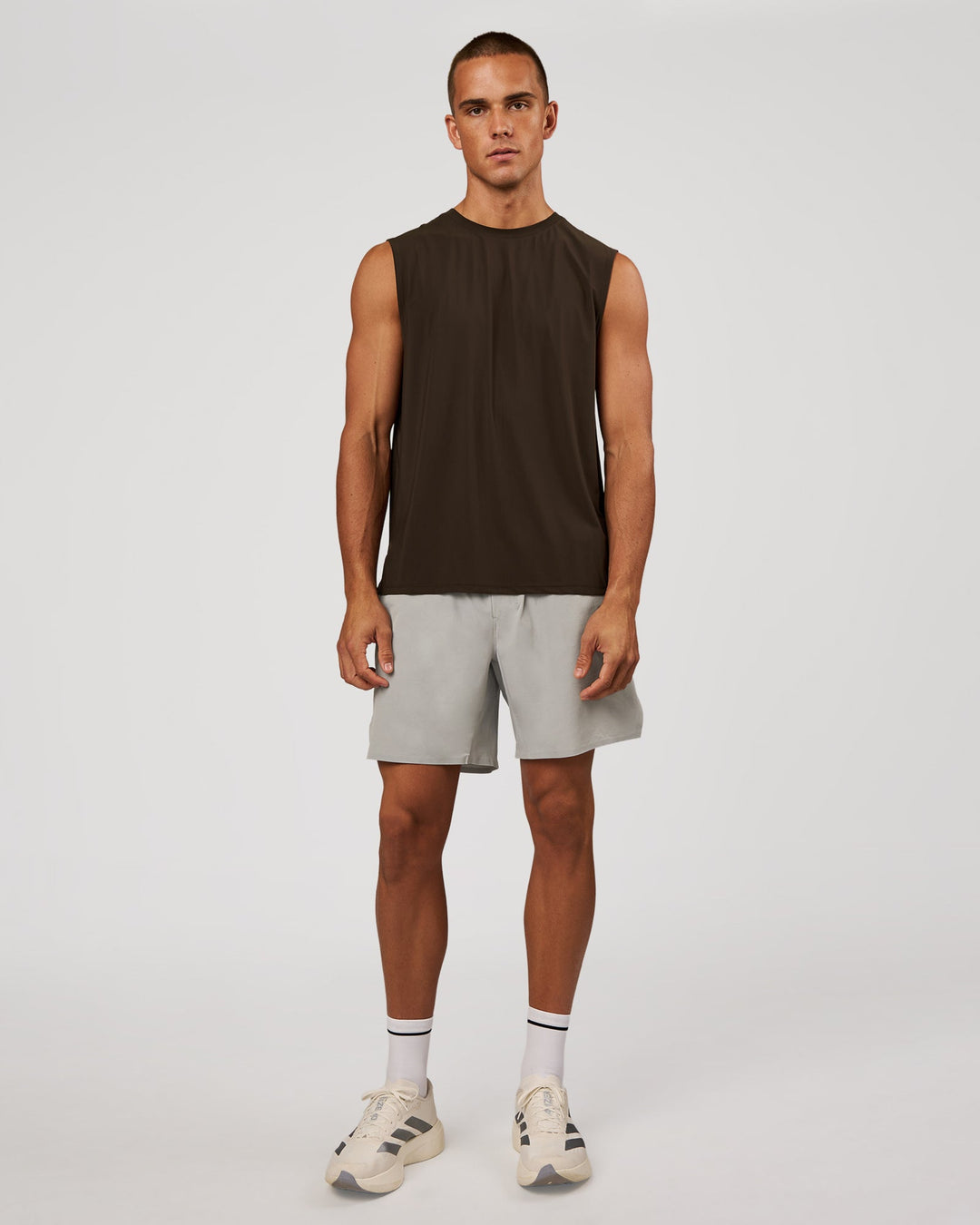 Man wearing Cadence MicroMotion Muscle Tank - Ground Coffee | Model:Albert | Size:M - view 4
