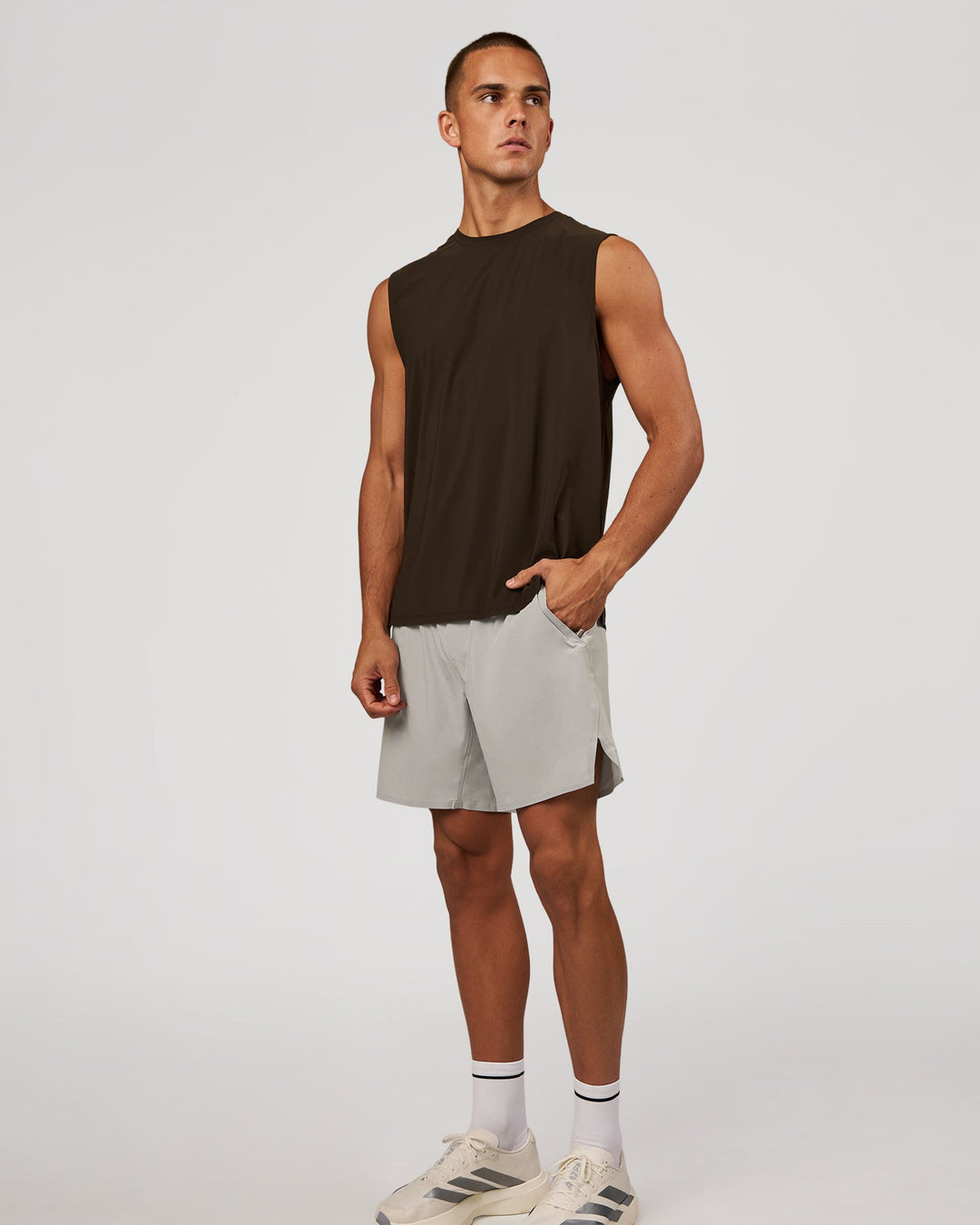 Man wearing Cadence MicroMotion Muscle Tank - Ground Coffee | Model:Albert | Size:M - view 5